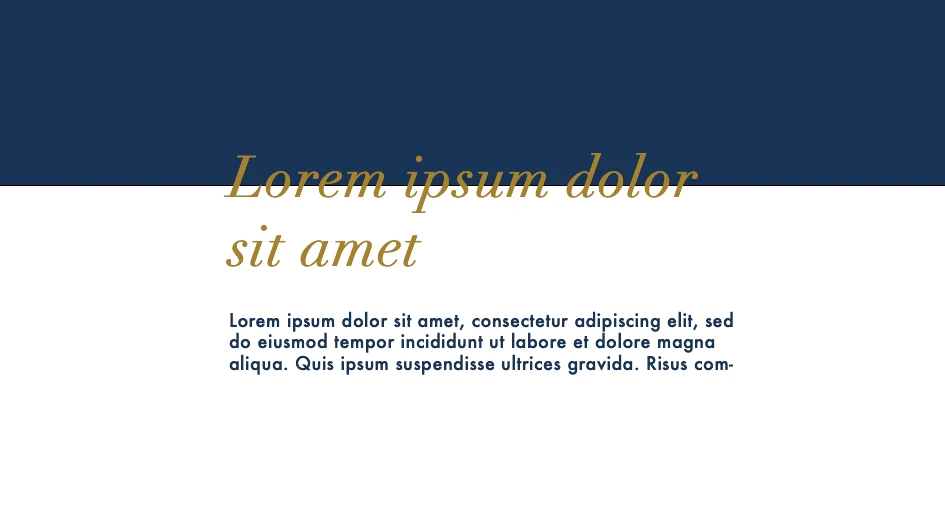 charte graphique sur fond bleu et blanc avec du texte doré et blanc pour un résultat luxueux et prestigieux.