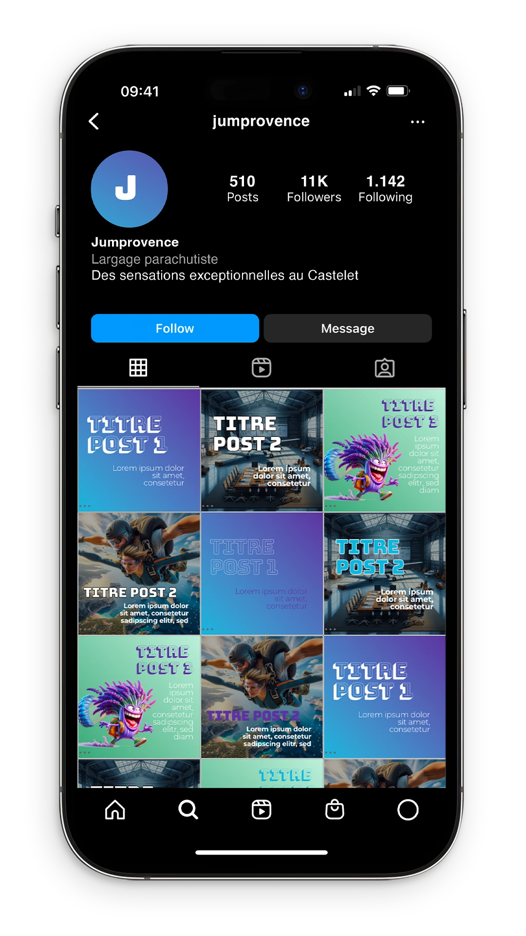 Feed Instagram de Jumprovence, parachutisme, conçu avec la BrandBox
