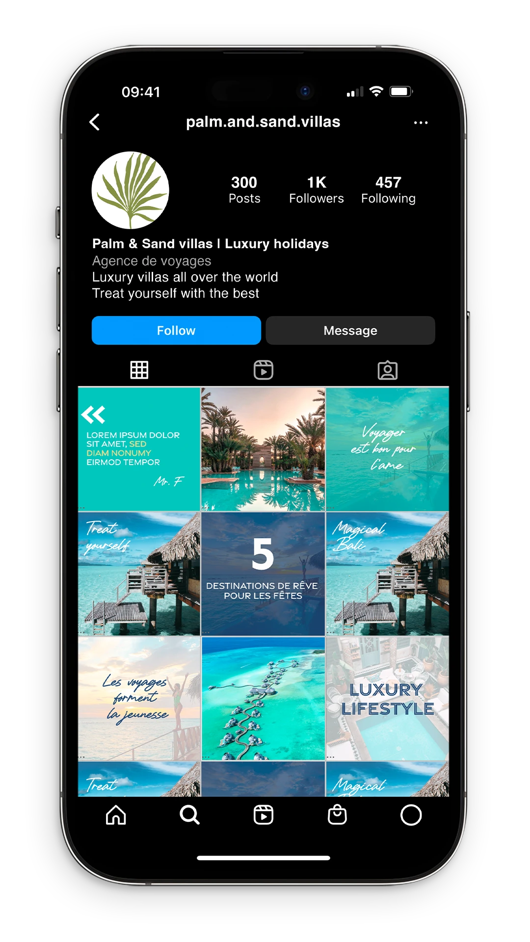 Feed Instagram de Palm & Sand Villas, agence de voyages de luxe, conçu avec la BrandBox