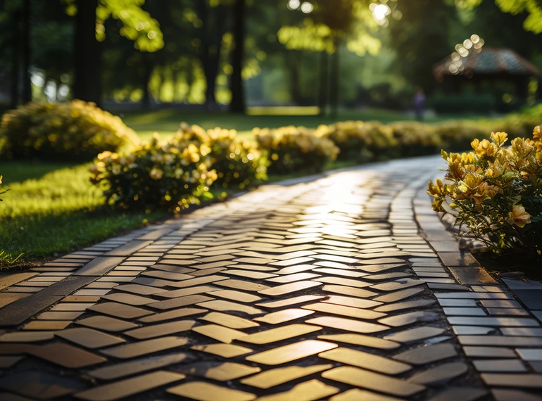 Allée pavée bordée d’arbustes à fleurs jaunes dans un parc au soleil couchant, ambiance paysagère du projet Astelia paysage