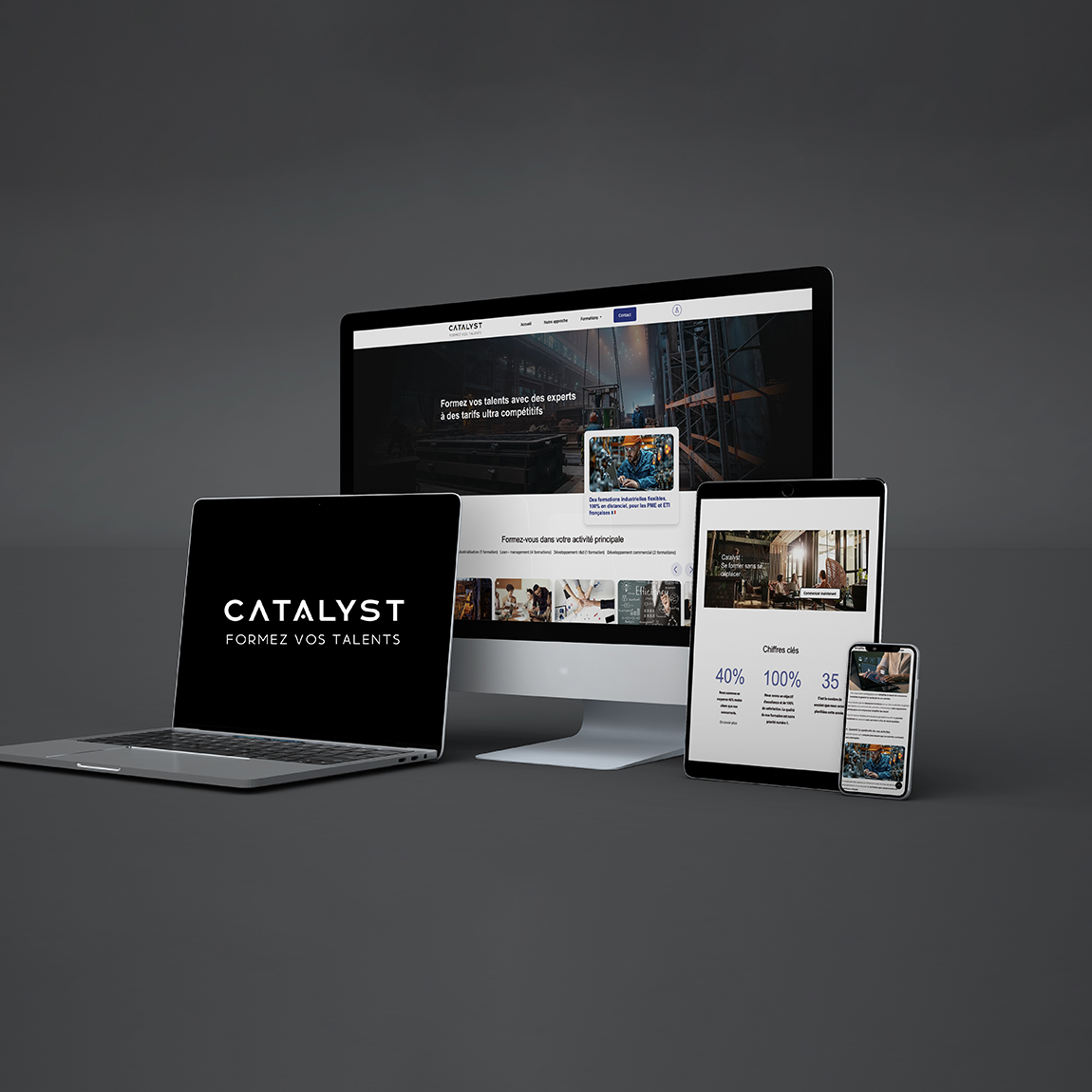 Site internet de Catalyst Formation sur ordinateur, écran, tablette et smartphone, webdesign du studio et développement L’enfant Sauvage