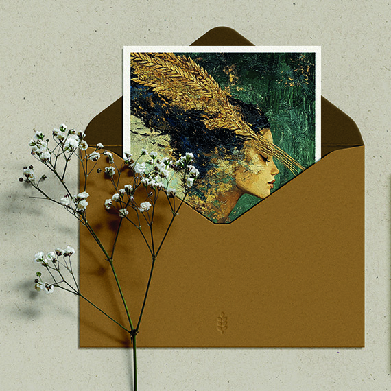 Carte illustrée glissée dans une enveloppe ocre marquée de l’épi de blé en relief, papeterie de l’astrologue Céline Duval