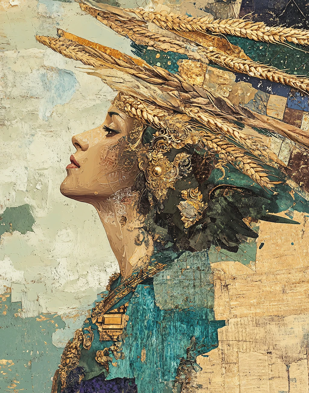 Illustration d’une femme de profil coiffée d’épis de blé et d’ornements dorés, tons vert et or de l’univers de Céline Duval
