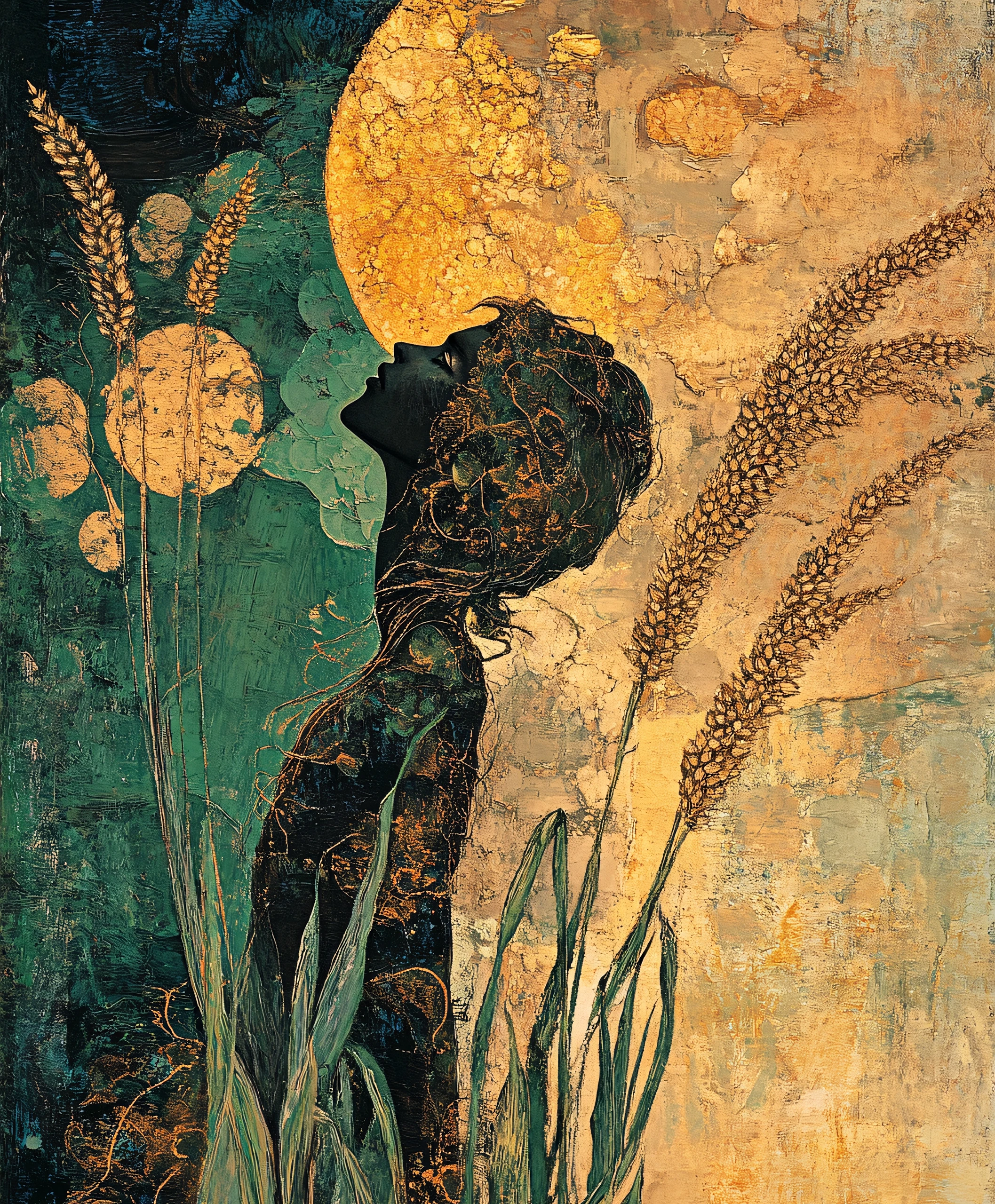 Illustration d’une silhouette levant le visage vers un soleil doré entre des épis de blé, inspiration Art Nouveau pour Céline Duval