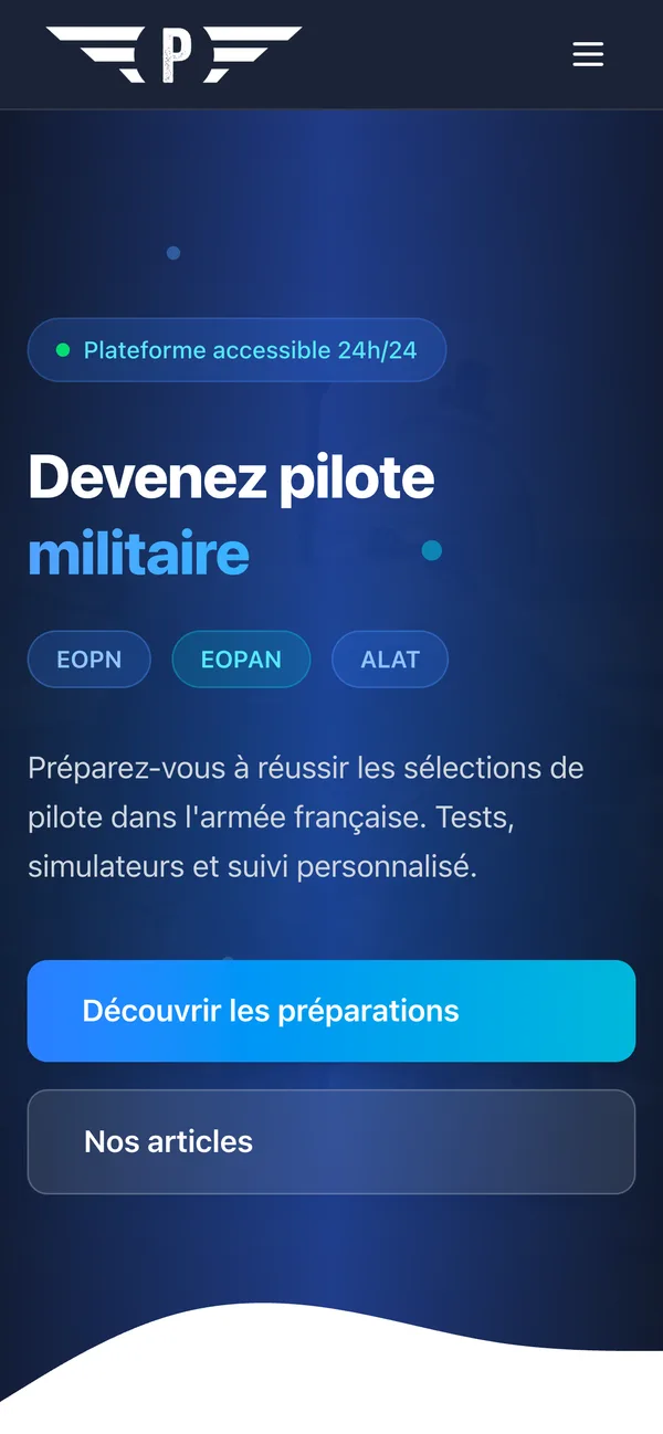 Page d'accueil du site Devenez Pilote sur mobile, avec le symbole P ailé dans l'en-tête et le bouton Découvrir les préparations