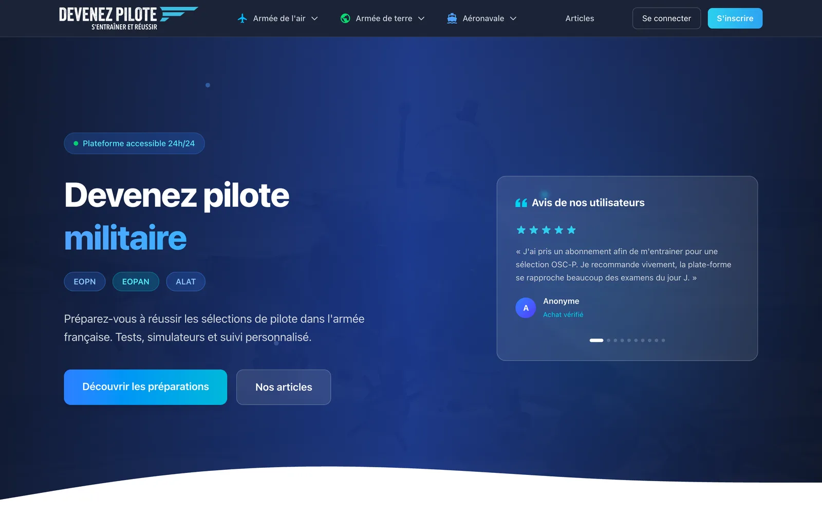 Page d'accueil du site Devenez Pilote sur ordinateur : logo, titre Devenez pilote militaire, badges EOPN, EOPAN et ALAT sur fond bleu nuit