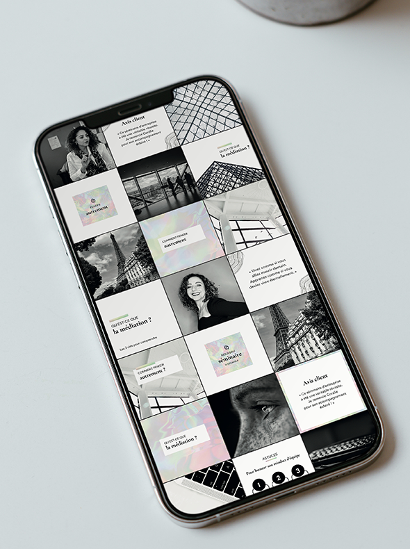 Grille Instagram d’Etrainers sur smartphone, photos noir et blanc de Paris, avis clients et visuels holographiques