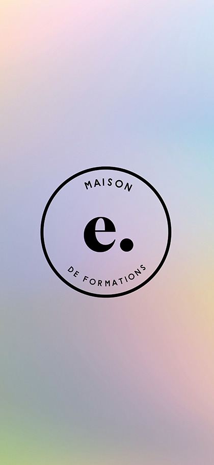 Pastille « Maison de formations » au monogramme e. d’Etrainers, cercle noir sur dégradé holographique vertical