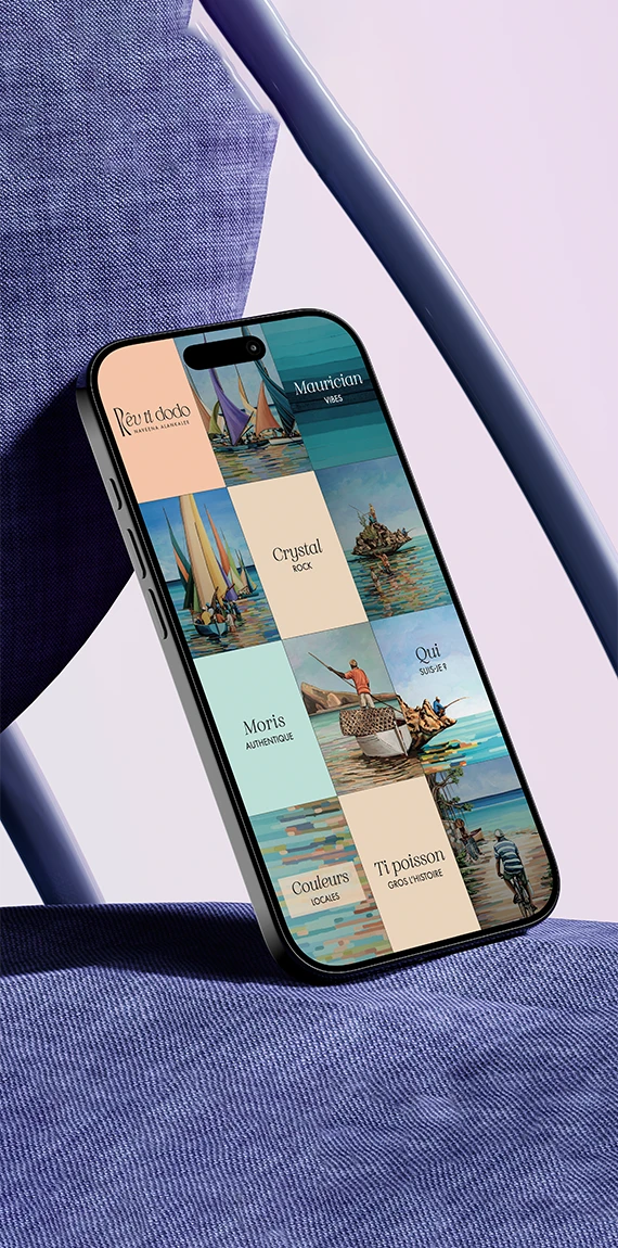 Grille Instagram de Rêv ti dodo sur iPhone : tableaux de pirogues mauriciennes et cases pastel « Maurician vibes »
