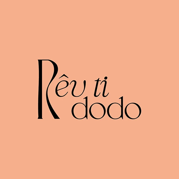 Logotype Rêv ti dodo en noir sur fond pêche, grand R calligraphique, charte graphique de l’artiste peintre
