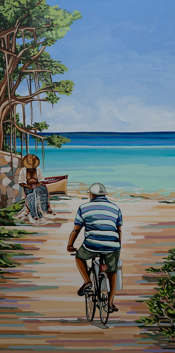 Tableau de Naveena Alankalee : cycliste sur un chemin de plage mauricien, pêcheur réparant son filet sous un banian