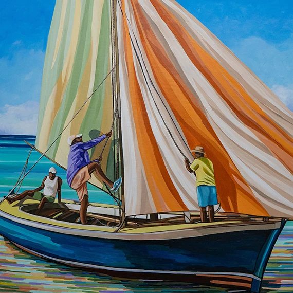 Tableau de Naveena Alankalee : pirogue mauricienne à voile rayée orange et verte sur un lagon turquoise, œuvre de Rêv ti dodo